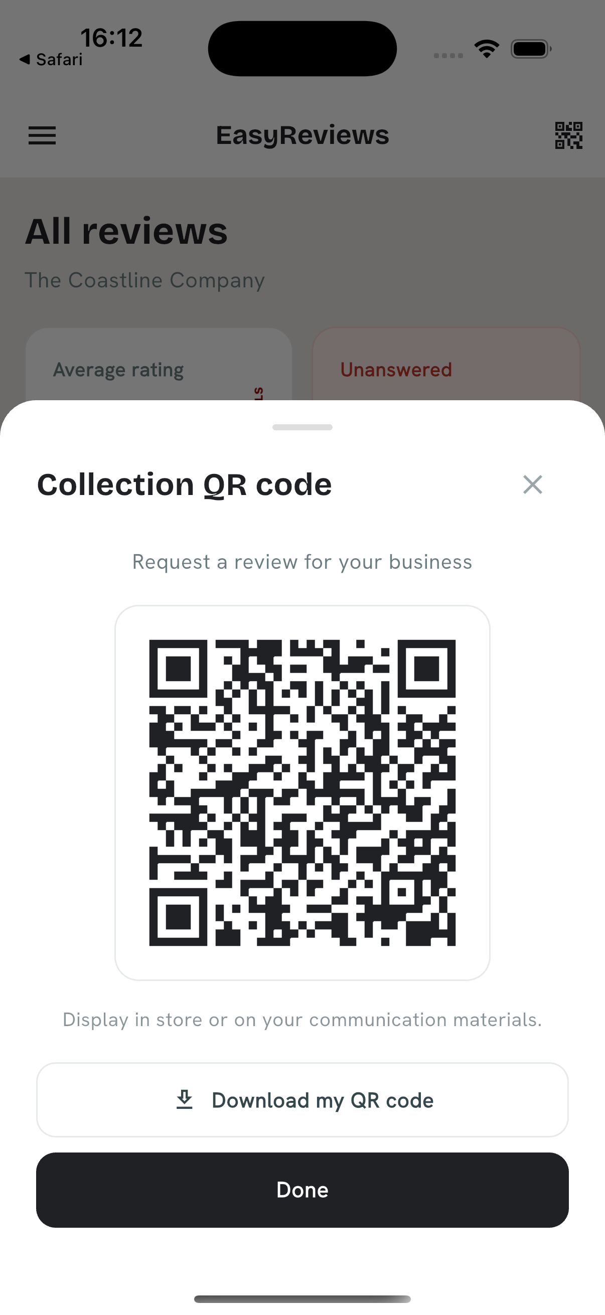 EasyReviews mobile app showing the collection QR code for a business with a Download my QR code button